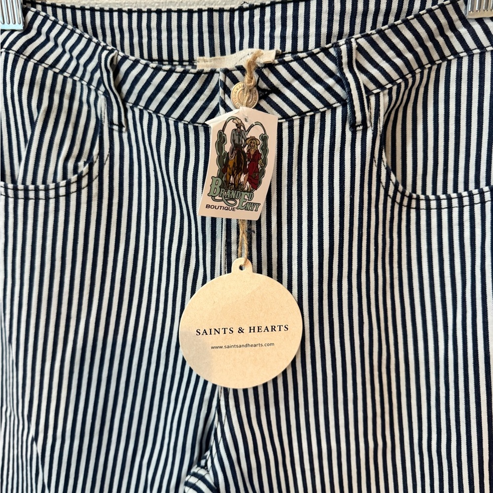 Saints & Hearts Jolene Striped Was de Bell Flare Jeans - Navy/White. Size L.